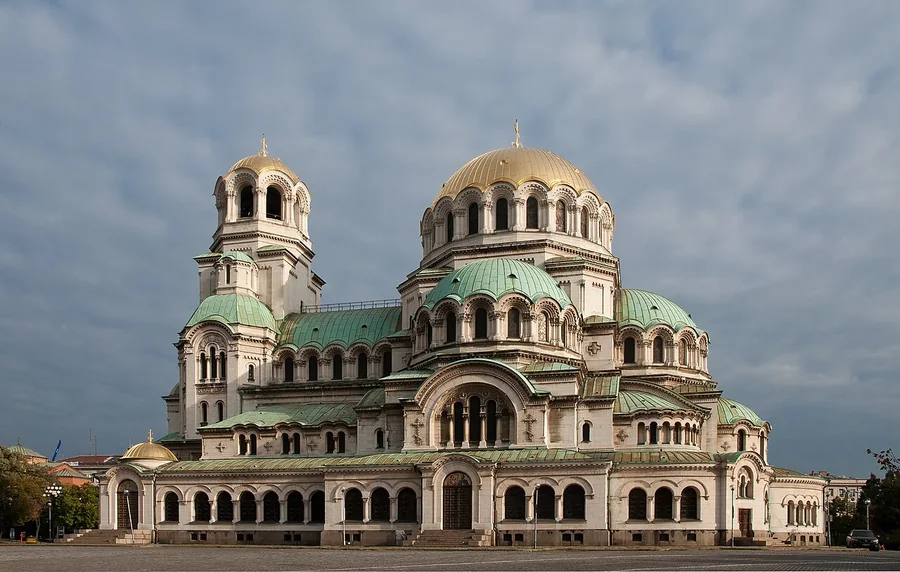 Wide frontal view of Alexander Nevsky Cathedral in Sofia